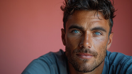 Obraz premium Professional studio photo portrait of a attractive handsome man, beautiful guy with beard, a person, with a pronounced emotional expression, widescreen 16:9