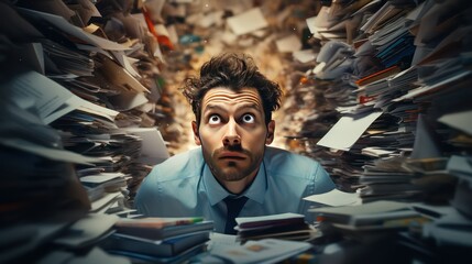 Frustrated businessman sitting in the office with piles of documents.