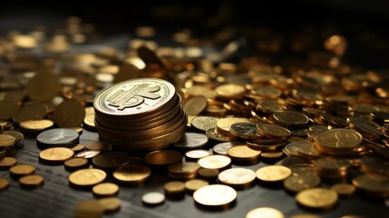 Gold coins and banknotes on a dark background. Shallow depth of field