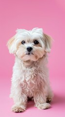 Small white Maltese dog looking up on a soft pink background. Studio pet portrait. Adorable dog concept. Design for poster, greeting card
