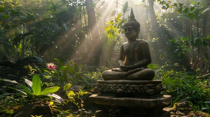 Buddha statue meditating in lotus position in a natural setting. Buddhist sculpture in serene landscape. Concept of Zen, meditation, religion, spiritual awakening. Copy space