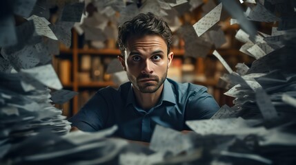 Portrait of stressed businessman sitting at office desk with piles of papers and looking at camera