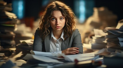Portrait of young businesswoman sitting at desk with piles of papers