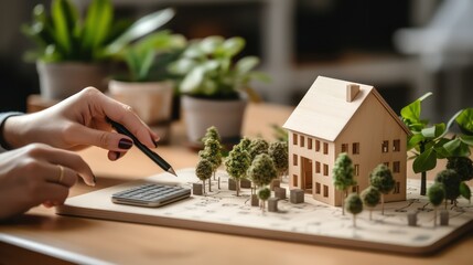 Real estate agent working on house model at desk in office, closeup