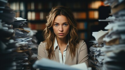 Portrait of a young businesswoman working in the office, she is overloaded with paperwork