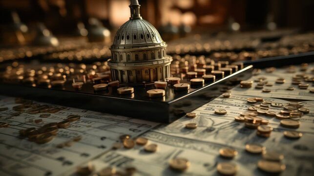 Fototapeta Miniature United States Capitol Building and coins