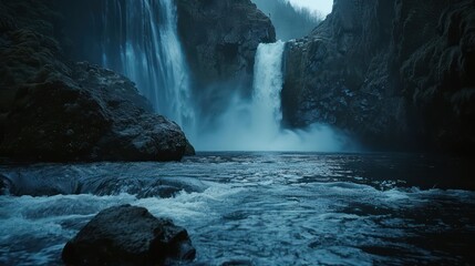 A dramatic image capturing the intense force of a waterfall as it crashes into a dark, foreboding rock basin creating a mystical ambiance