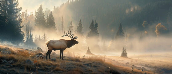 Regal elk calls out in the misty morning light, its majestic presence filling the scene.