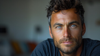 Fototapeta premium Professional studio photo portrait of a attractive handsome man, beautiful guy with beard, a person, with a pronounced emotional expression, widescreen 16:9
