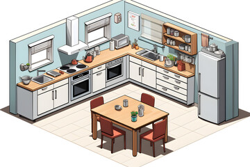 3d illustrated vintage style kitchen, kitchen illustration, 3d style kitchen, kitchen illustration