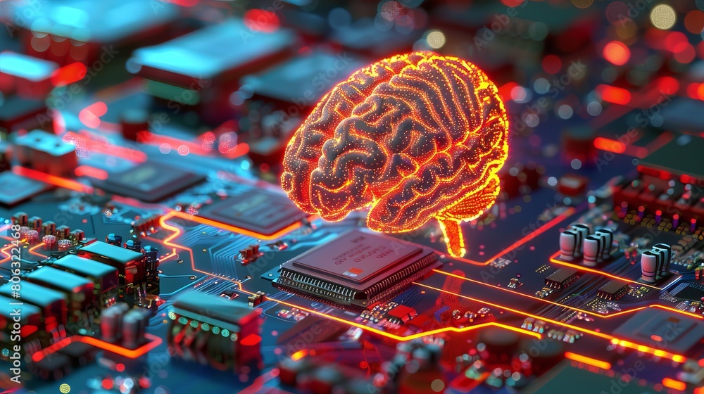 Poster neon digital brain in futuristic circuit board environment. glowing brain symbolizing artificial int