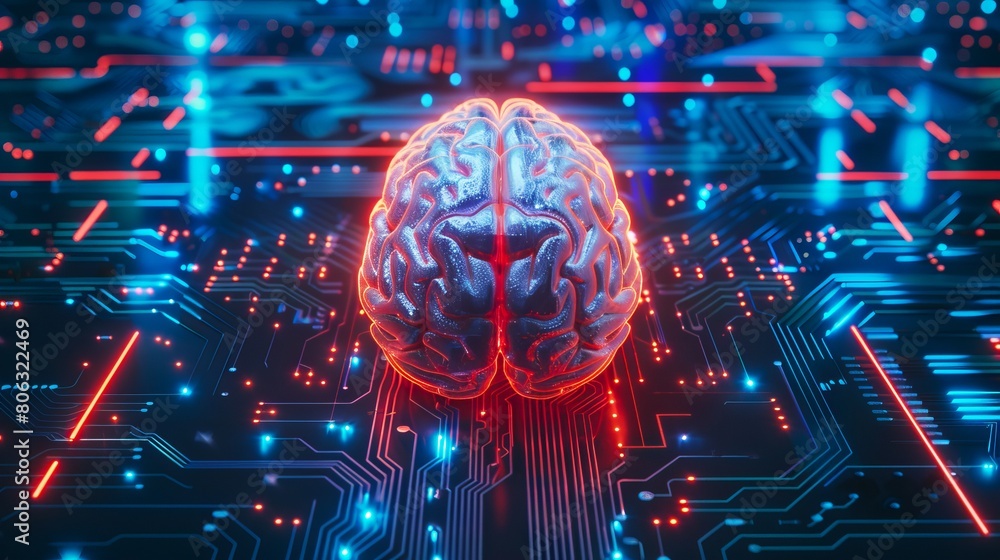 Poster neon-lit brain on intricate circuit board. glowing brain symbolizing artificial intelligence, techno