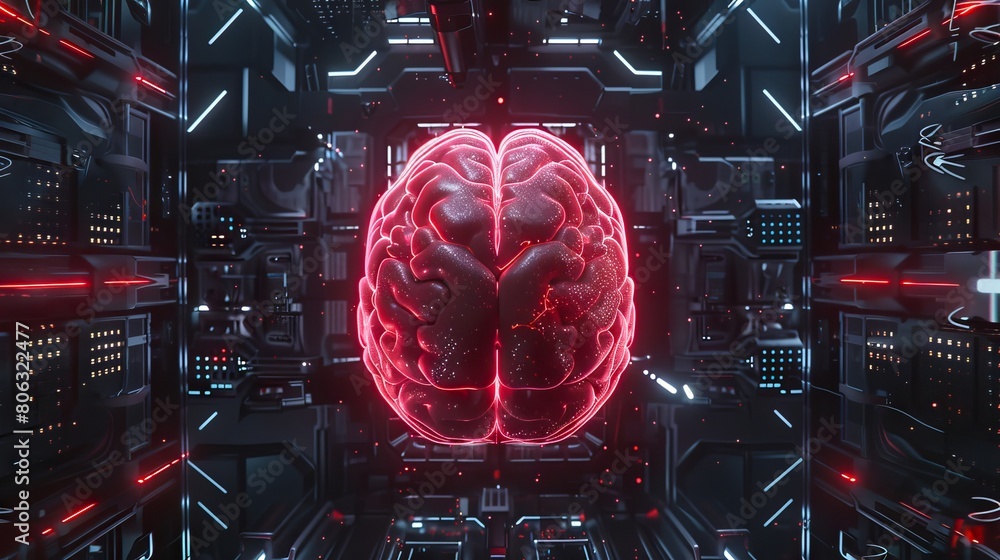 Poster neon-lit brain on intricate circuit board. glowing brain symbolizing artificial intelligence, techno
