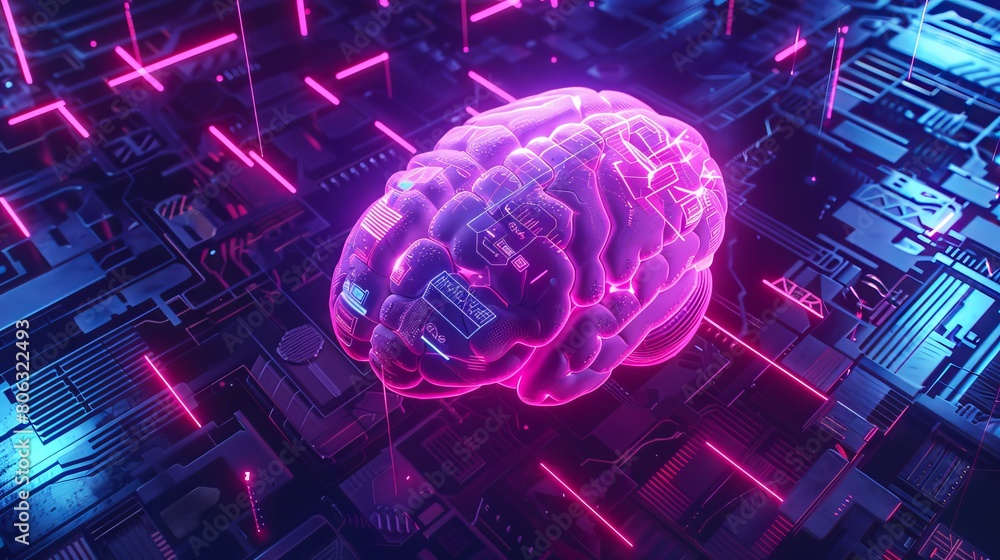 Poster illuminated neon brain on a circuit board backdrop. glowing brain symbolizing artificial intelligenc