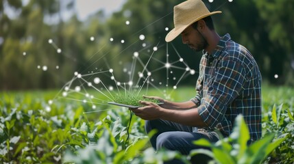 A farmer is using a tablet to analyze data in a smart agricultural setting, showcasing tech integration