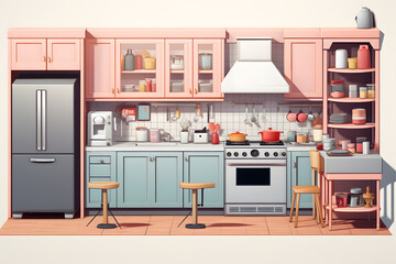 3d illustrated vintage style kitchen, kitchen illustration, 3d style kitchen, kitchen illustration