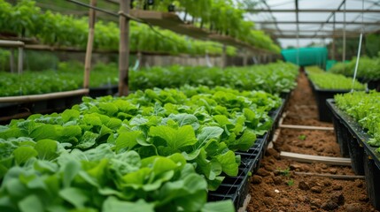 A vibrant and verdant image of organic lettuce being cultivated in the controlled environment of a greenhouse