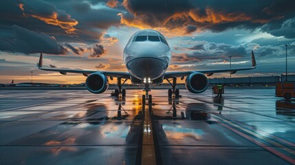 A commercial airliner is captured on the runway while ground crew prepares for departure against a backdrop of dramatic sunset clouds