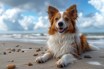 A happy dog relaxing on the beach during sunset