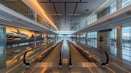 Fototapeta premium Contemporary airport interior with moving walkways and artistic wall decoration representing travel and modern transit systems