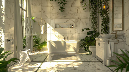 A chic bathroom adorned with gleaming white tiles and fixtures, accented by verdant ferns and cascading ivy for a luxurious spa-like ambiance