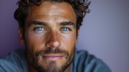 Professional studio photo portrait of a attractive handsome man, beautiful guy with beard, a person, with a pronounced emotional expression, widescreen 16:9