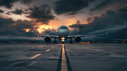 A dramatic front view of an airplane ready for takeoff with a captivating sunset in the backdrop