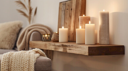 A chic living room with a wood floating shelf featuring neatly arranged candles and plush throw blankets