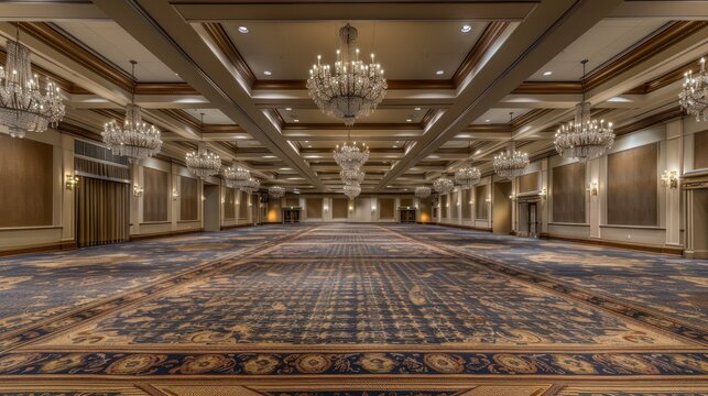 The grand ballroom of a hotel shines brightly with lavish chandeliers, symbolizing the grandeur of high-profile events