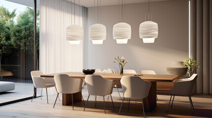 A contemporary dining area featuring a sleek white dining chr and table, accented with minimalist decor and illuminated by a modern pendant light fixture
