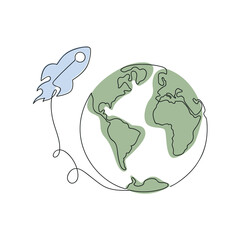 Globe and rocket drawn in one continuous line in color. One line drawing, minimalism. Vector illustration.
