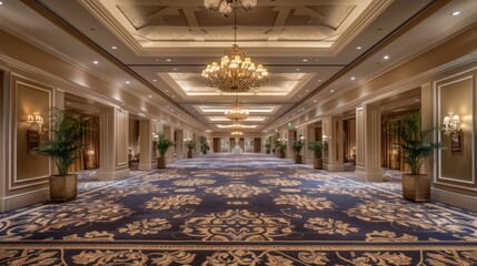 A spacious hotel corridor adorned with opulent chandeliers, plush carpets, and paneled walls, embodying grandeur and sophistication - Powered by Adobe
