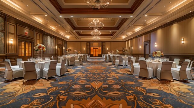 A luxurious banquet hall set for an event with round tables, floral centerpieces, and grand chandeliers
