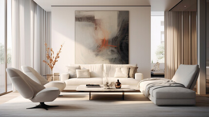 A contemporary living room featuring a designer white lounge chr and a sleek glass coffee table, complemented by abstract art on the walls, exuding modern sophistication