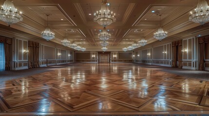 This grand ballroom boasts a polished wooden floor, crystal chandeliers, and an airy ambiance, setting the scene for luxury events