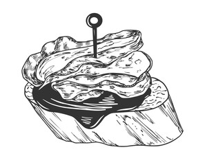 Sketch style spanish tapas isolated on white background. Engraving illustration of food appetizer. Black and white snack sandwich. Canape with jamon. Finger food for party