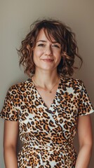 Portrait of a smiling woman in a leopard print dress. Casual fashion and cheerful expression theme