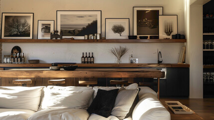 A contemporary living room featuring a wood floating shelf displaying framed black and white photographs