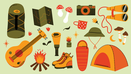 Modern camping vector illustration set: backpack, map, hiking boots, campfire, guitar, tent, mug, camera, sleeping bag, ax, mushrooms. Cartoon design elements collection tourism travel concept
