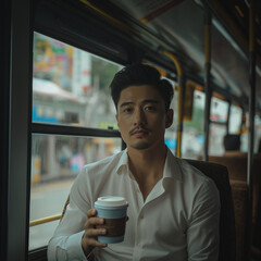A business person drinking coffee while sitting ina bus on his way home 