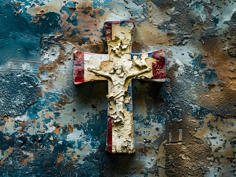 A cross on a wall with peeling paint.