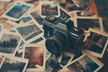An old-school camera surrounded by scattered Polaroid photos - Powered by Adobe