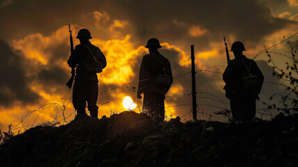 Three soldiers are silhouetted against the sunset.