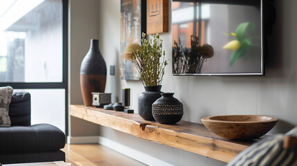 A contemporary living room featuring a wood floating shelf displaying curated artwork and decorative vases