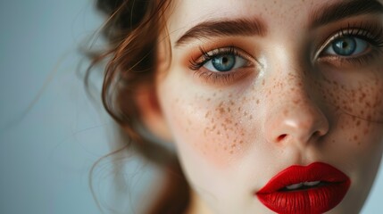 Intense gaze of young woman with freckles and bold red lipstick. Close-up studio portrait with clean background. Fashion and individuality concept