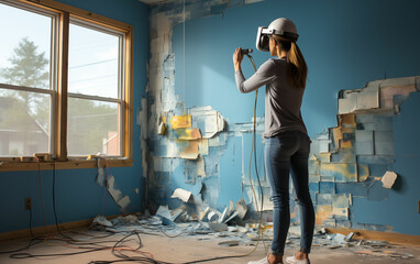 Woman standing in room with helmet on. Generative AI
