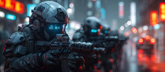 Futuristic soldiers in rain-drenched gear, equipped with advanced armor and weaponry