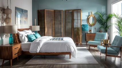 Midcentury Modern Bedroom Featuring Classic Antique Elements: Wooden Screen and Retro Furniture. Concept Midcentury Modern Design, Antique Elements, Wooden Screen, Retro Furniture, Bedroom Decor