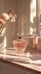 Elegant Crystal Perfume Bottle in Warm Sunlight, with Flowers and Beauty Products Nearby