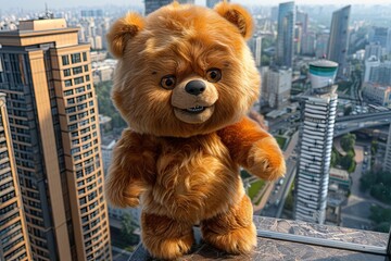 A cute smiling brown teddy bear stands on a rooftop railing with a cityscape in the background. Isolated on a blue background, this image is perfect for tourism or as a mockup for text